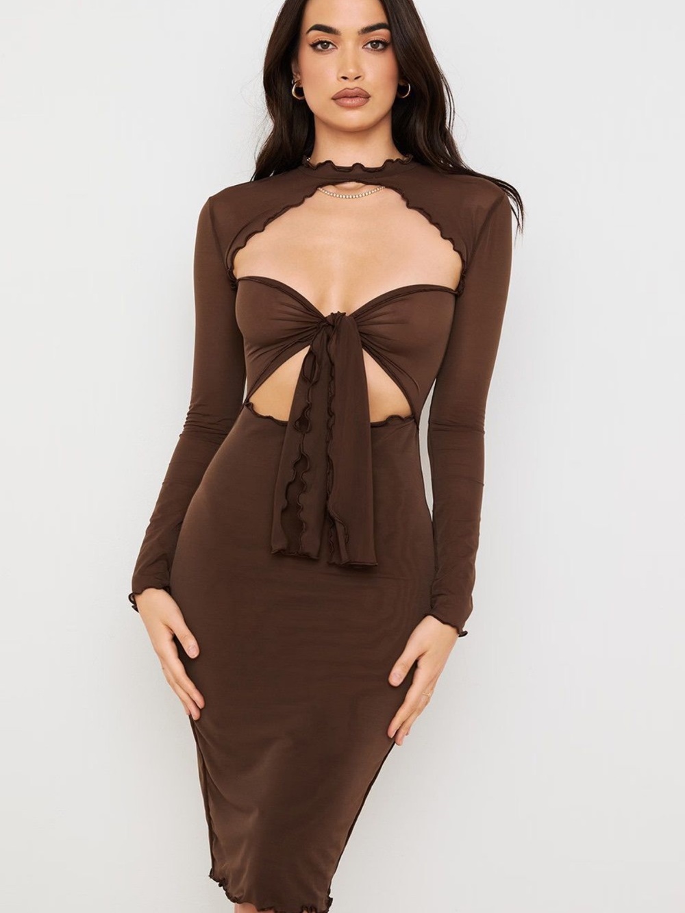 House of CB Brown Long Sleeve Tie Front Cutout Midi Dress
